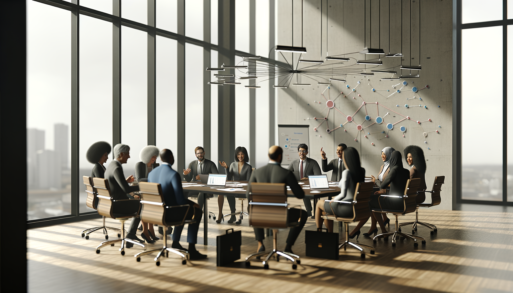Business professionals collaborating around conference table discussing network expansion strategies