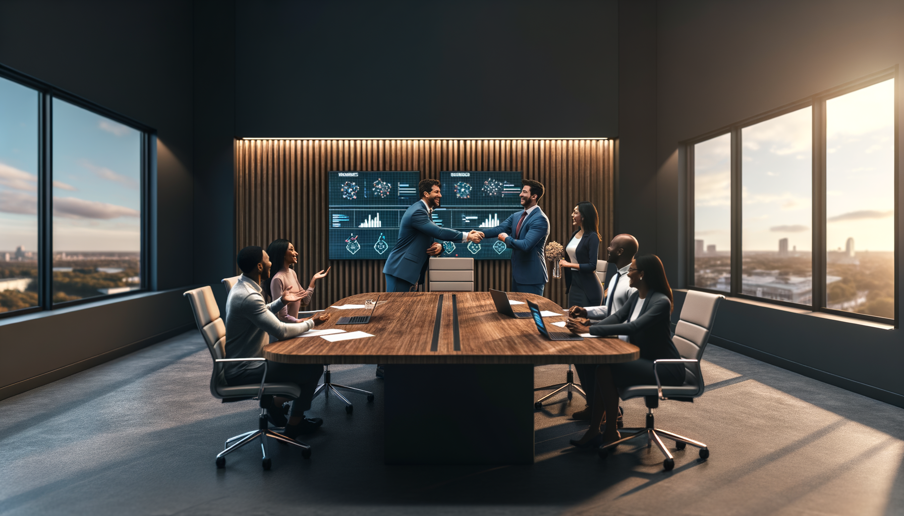 Business executives collaborating on network growth strategy in modern conference room