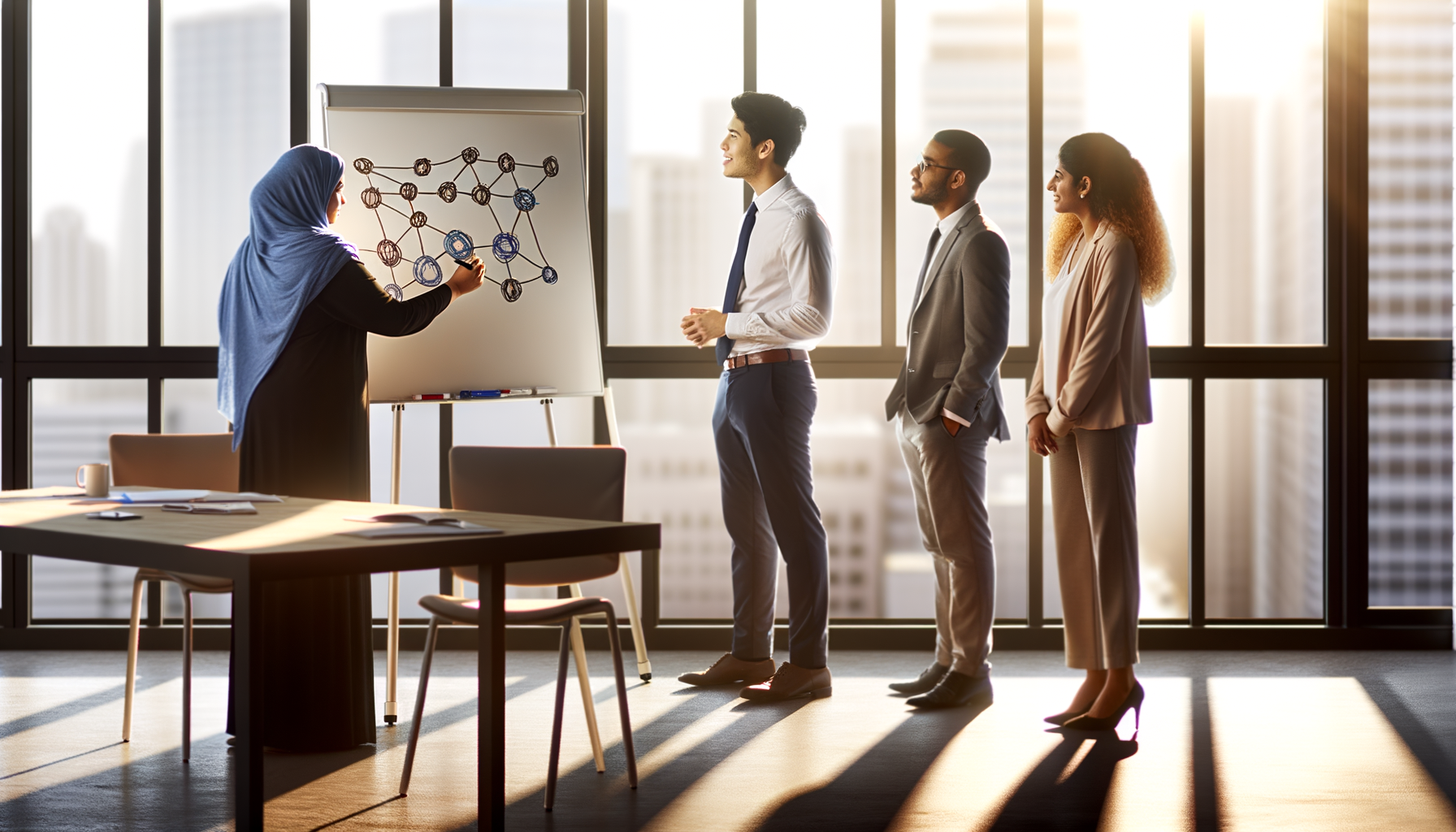 Business team analyzing network connections on whiteboard in modern office