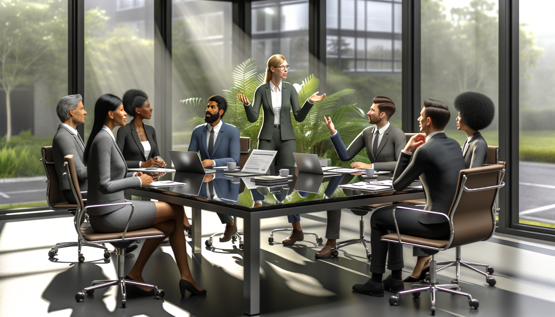 Business team collaborating in a modern office setting during a strategy meeting