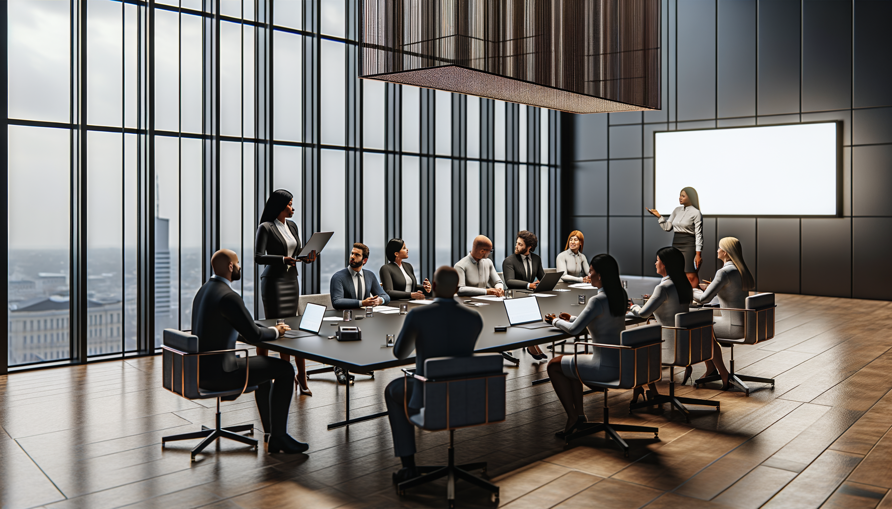 Business team collaborating in modern office environment discussing trust-building strategies