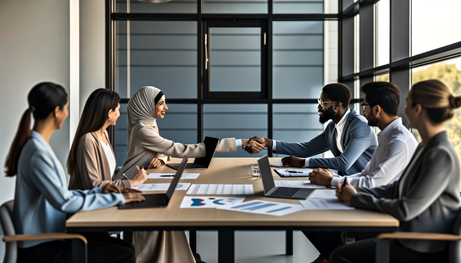 Business professionals collaborating around conference table during partnership meeting