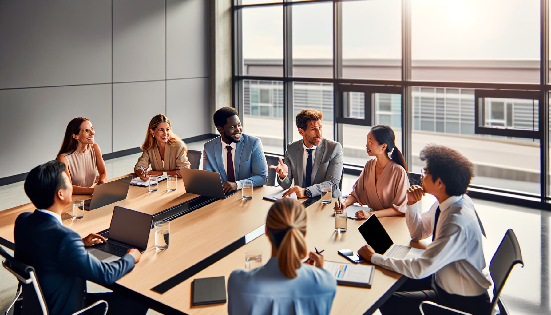 Business professionals collaborating on network discovery strategy in modern conference room