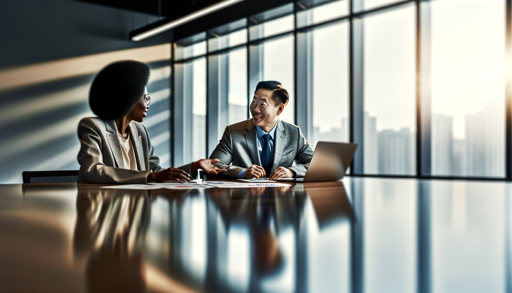 Two business professionals in productive partnership discussion at conference table