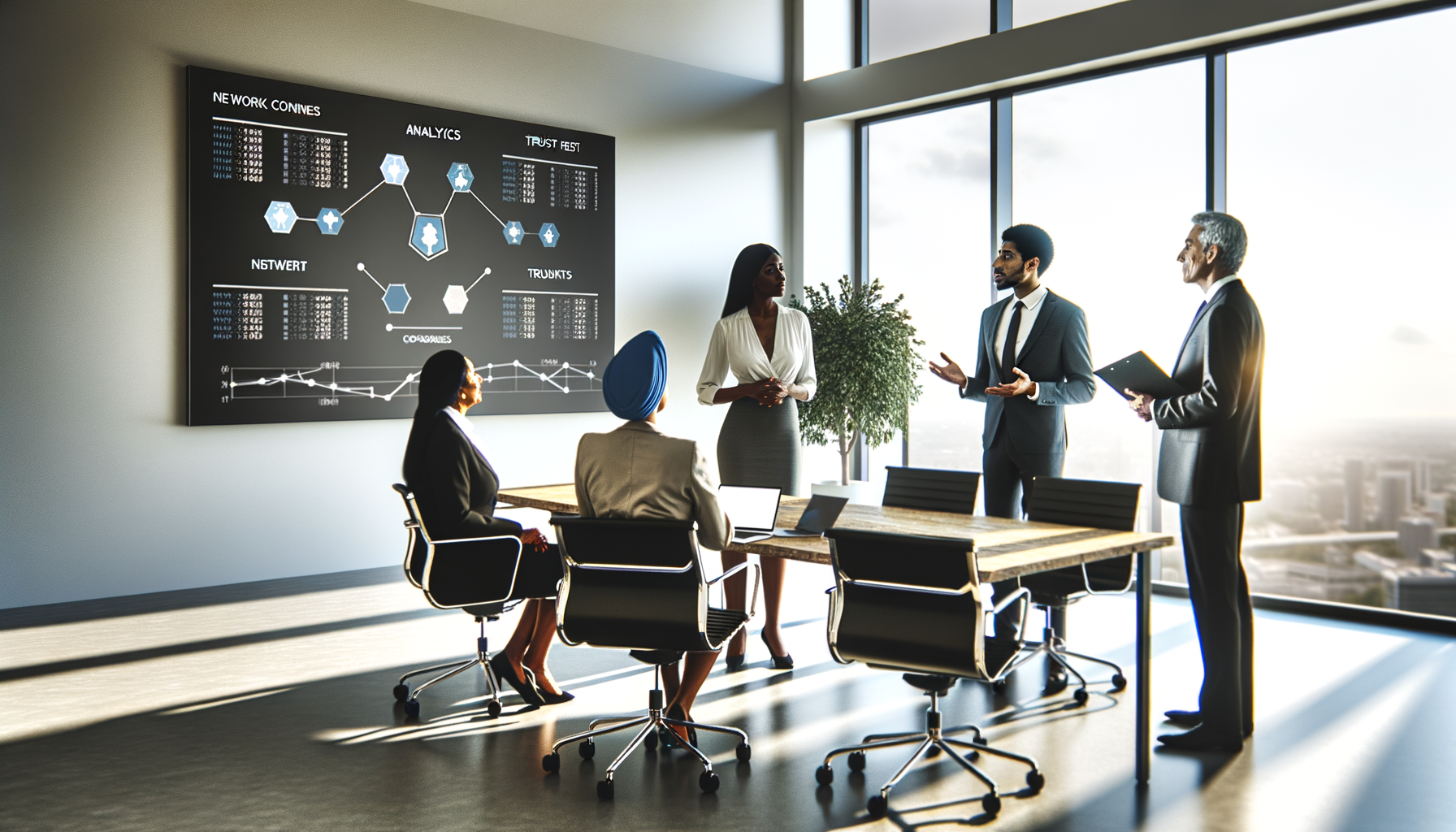 Business team analyzing trust-based discovery insights on analytics dashboard