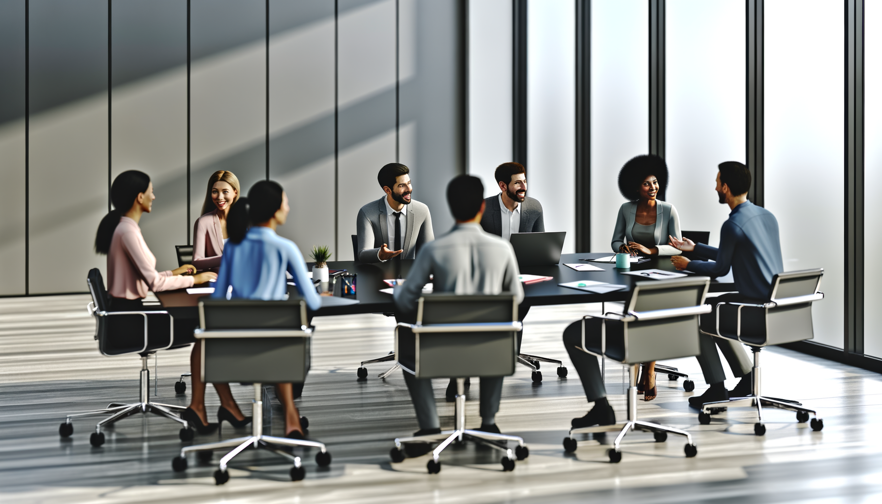 Diverse team of professionals collaborating and networking in modern office environment