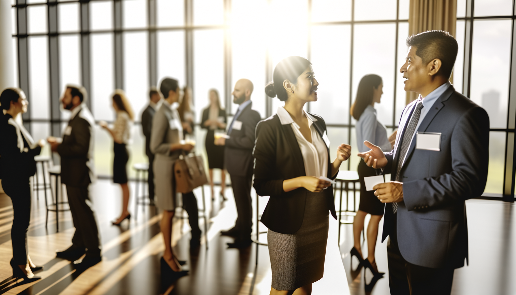 Diverse business professionals networking at a conference, exchanging ideas and building connections
