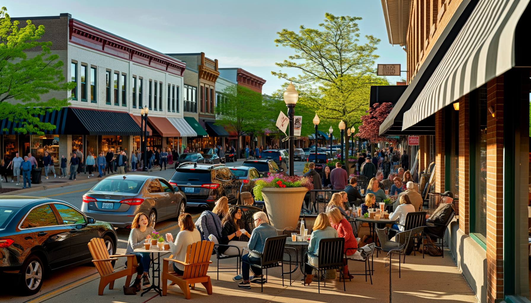 Thriving local business district with diverse storefronts and community members engaging with various establishments