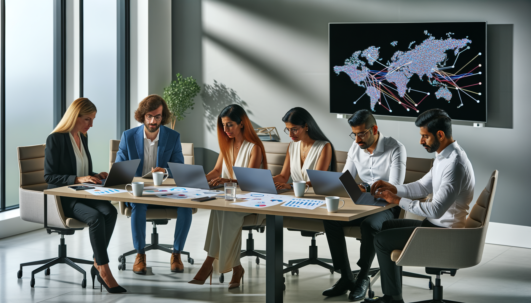 Business team analyzing referral data and customer acquisition sources in modern office setting