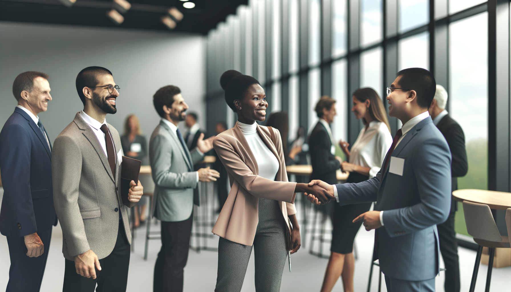 Diverse business professionals networking and building connections at a corporate event