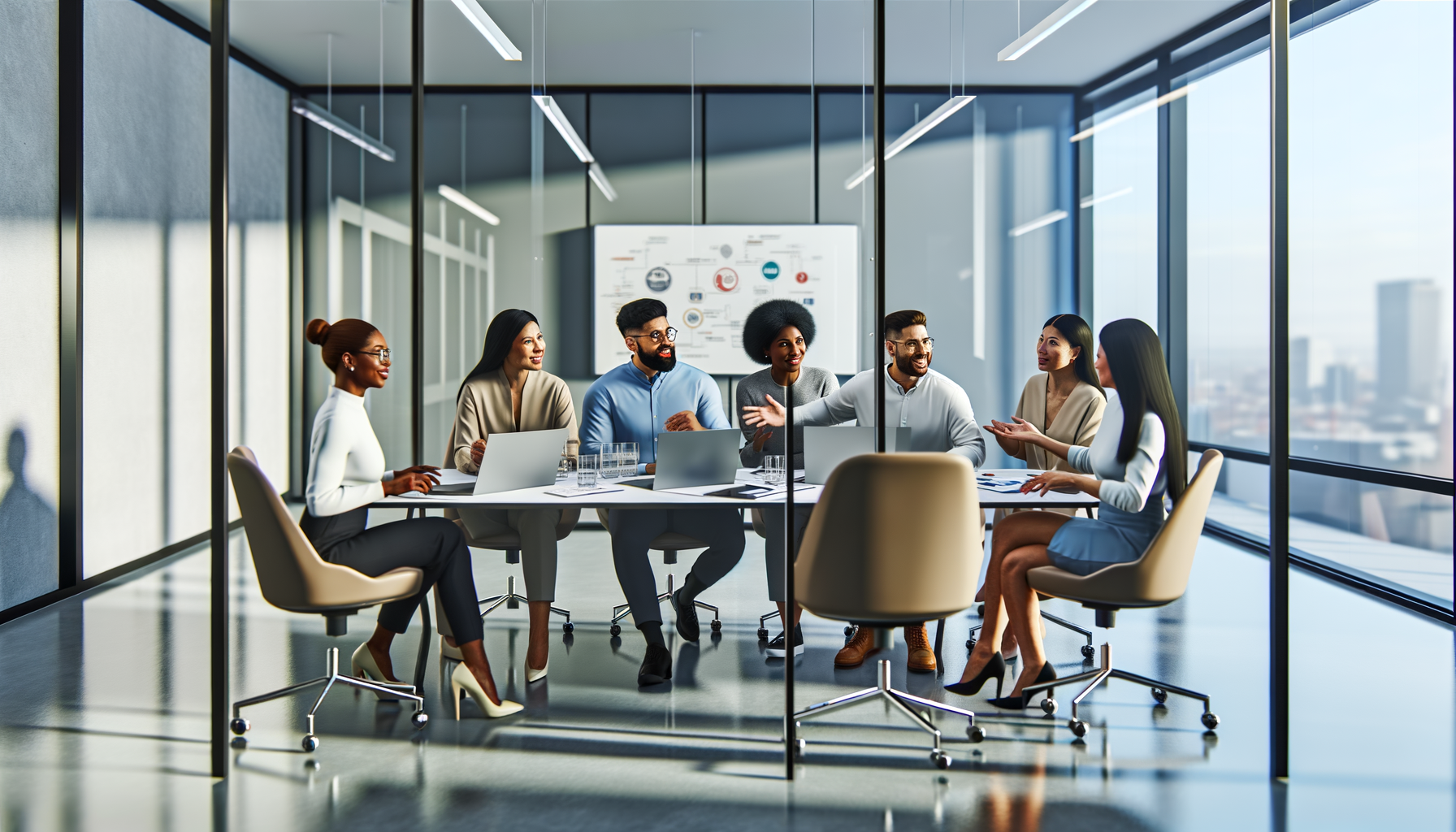 Business team collaborating on brand strategy in modern conference room