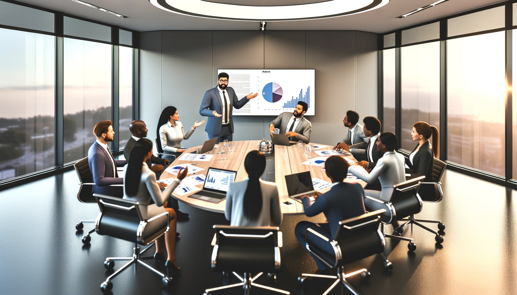 Business professionals analyzing performance metrics and charts in a modern conference room