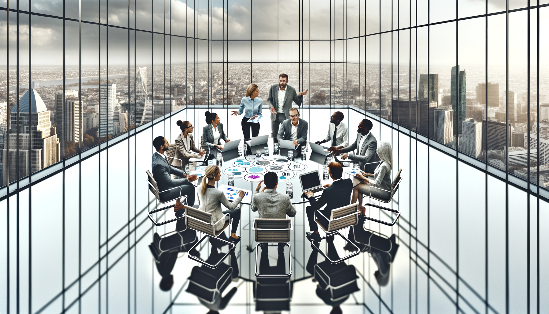 Business team collaborating on network strategy planning in modern conference room