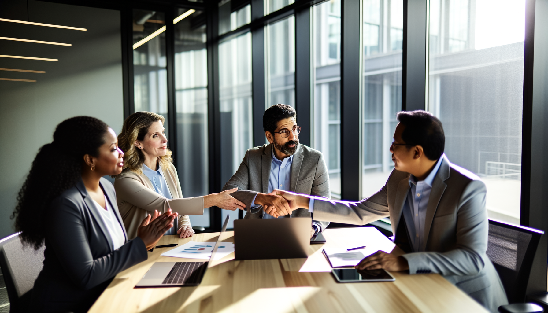 Business professionals collaborating in meeting room representing network trust