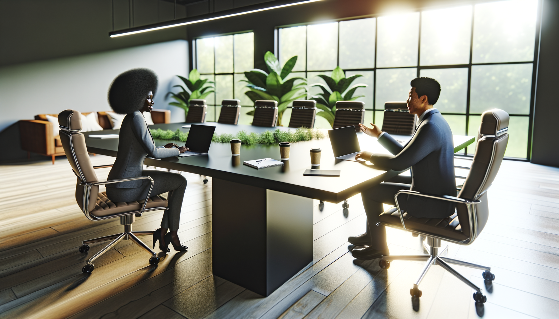 Two business professionals collaborating at a conference table in a bright modern office