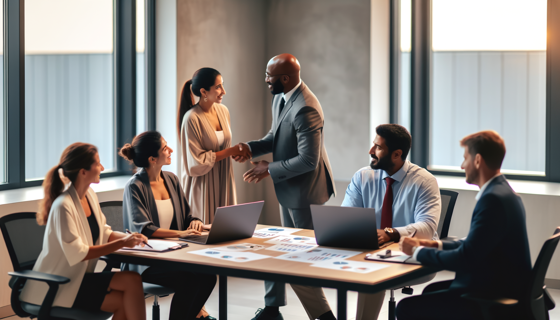 Business professionals collaborating on partnership strategies in modern office setting