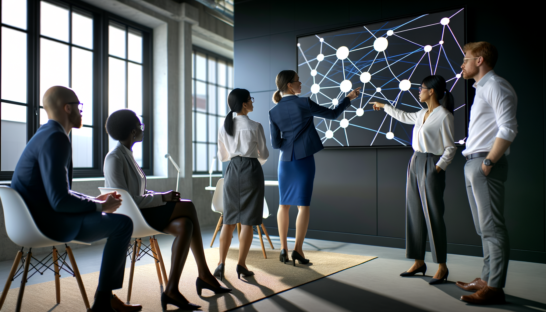 Business professionals analyzing network connections on a digital display
