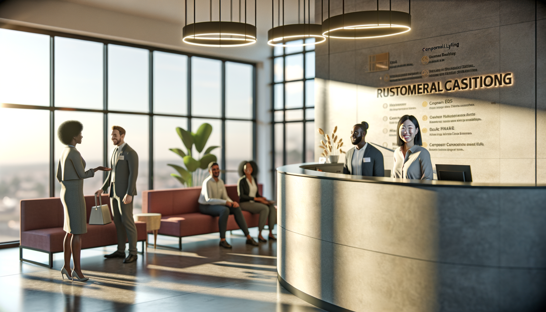 Professional business environment showing friendly customer service interaction in welcoming lobby