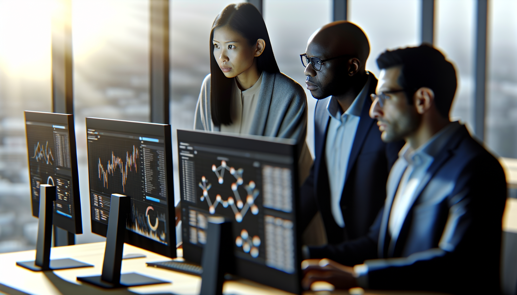 Business professionals analyzing customer trust and referral data on computer monitors