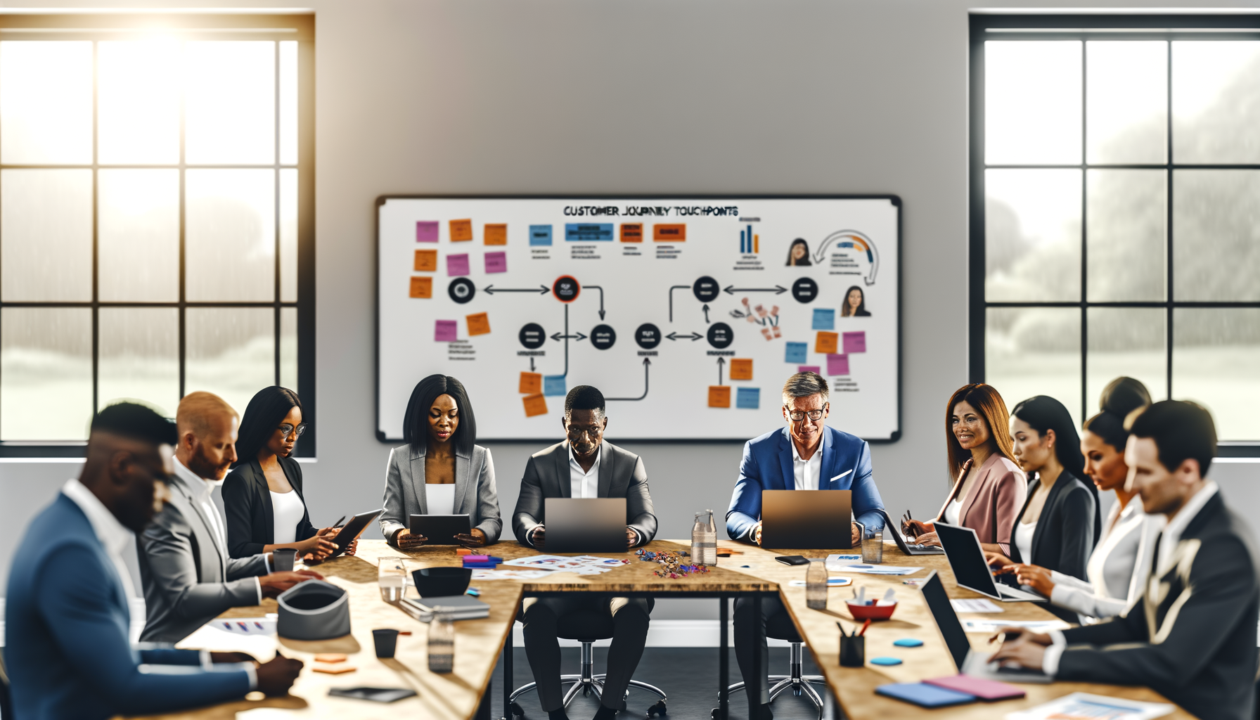 Business team collaborating on customer journey mapping with data visualizations and pathway analysis