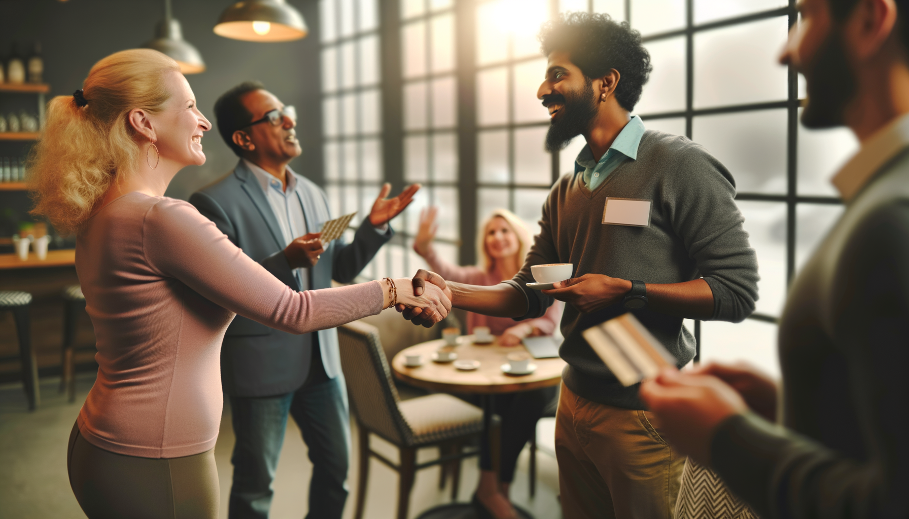 Local business owners and community members networking and building trusted connections at a café