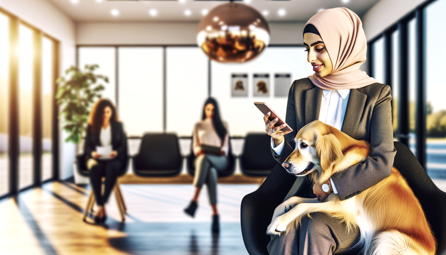 Busy professional pet owner managing veterinary appointment while holding her dog