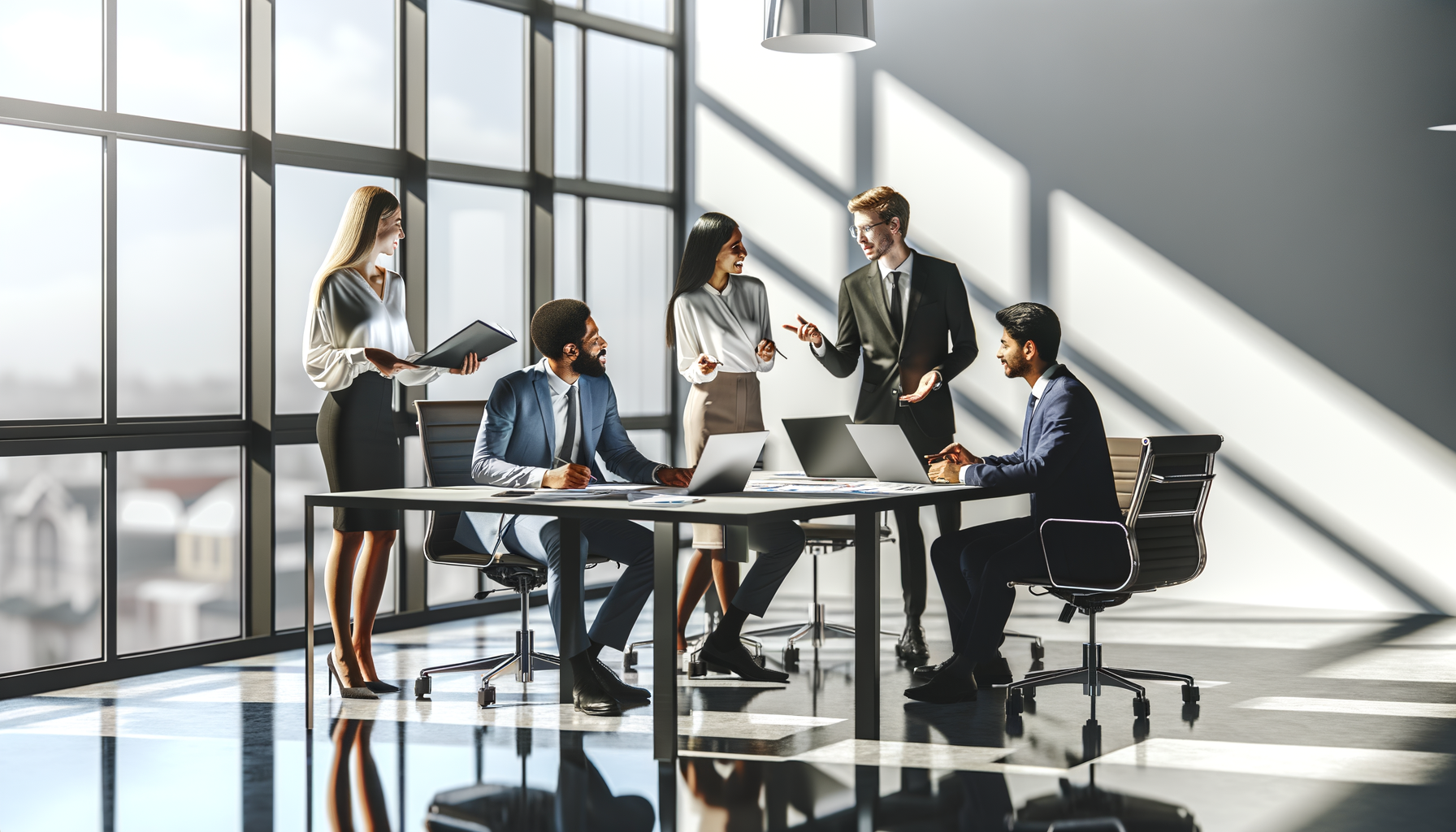 Business professionals collaborating around conference table making decisions together