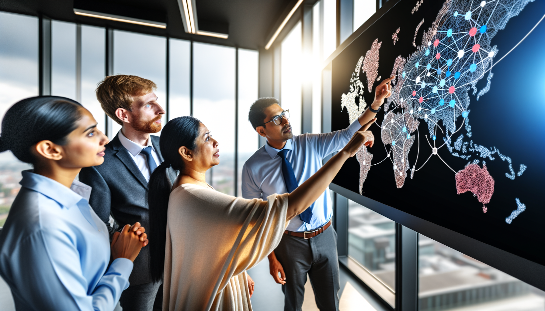 Business team analyzing customer connection networks on digital display