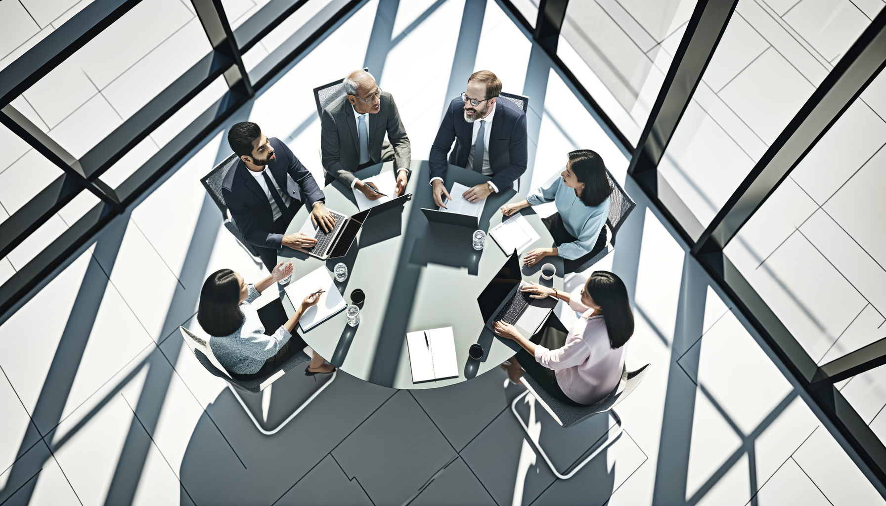 Diverse group of professionals in animated discussion around circular conference table