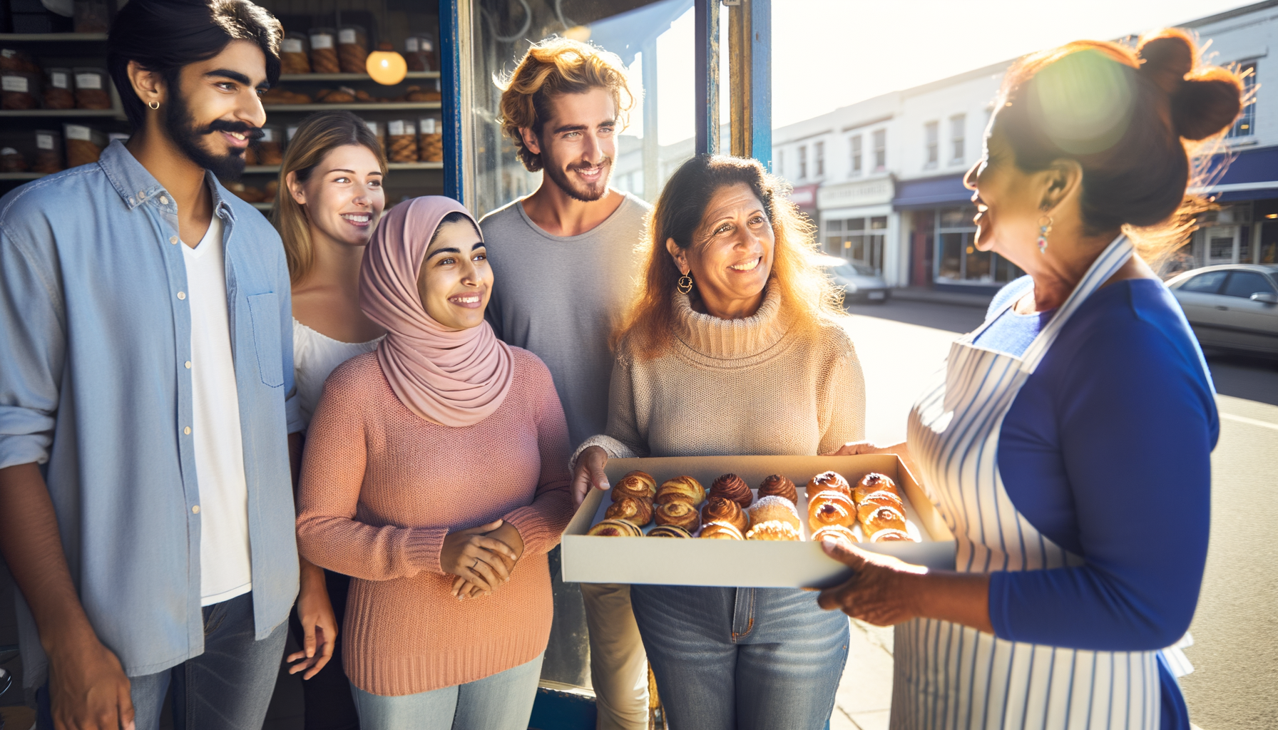 Happy customers talking with small business owner outside local bakery