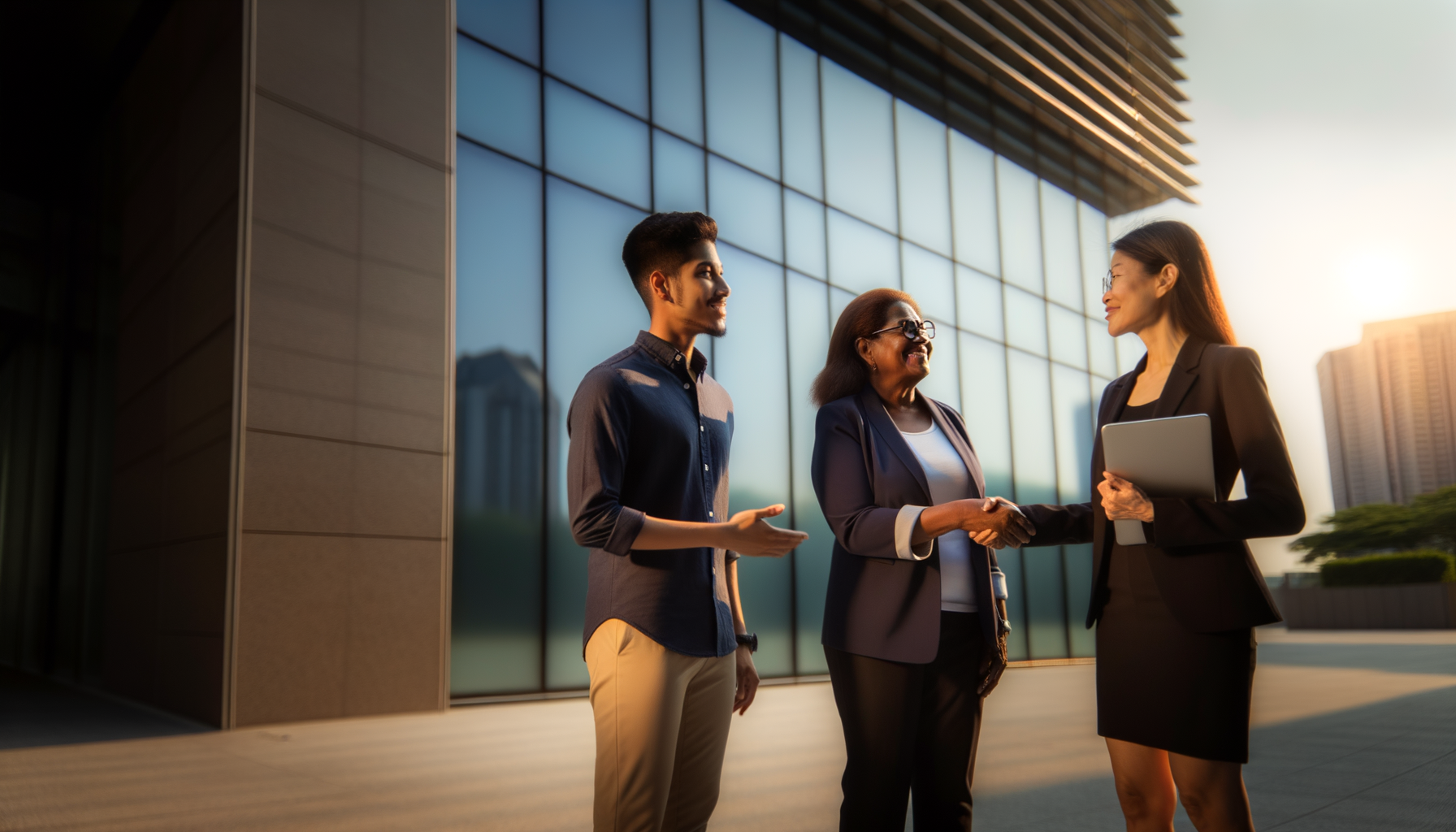 Three diverse business professionals shaking hands and having a friendly conversation outside an office building