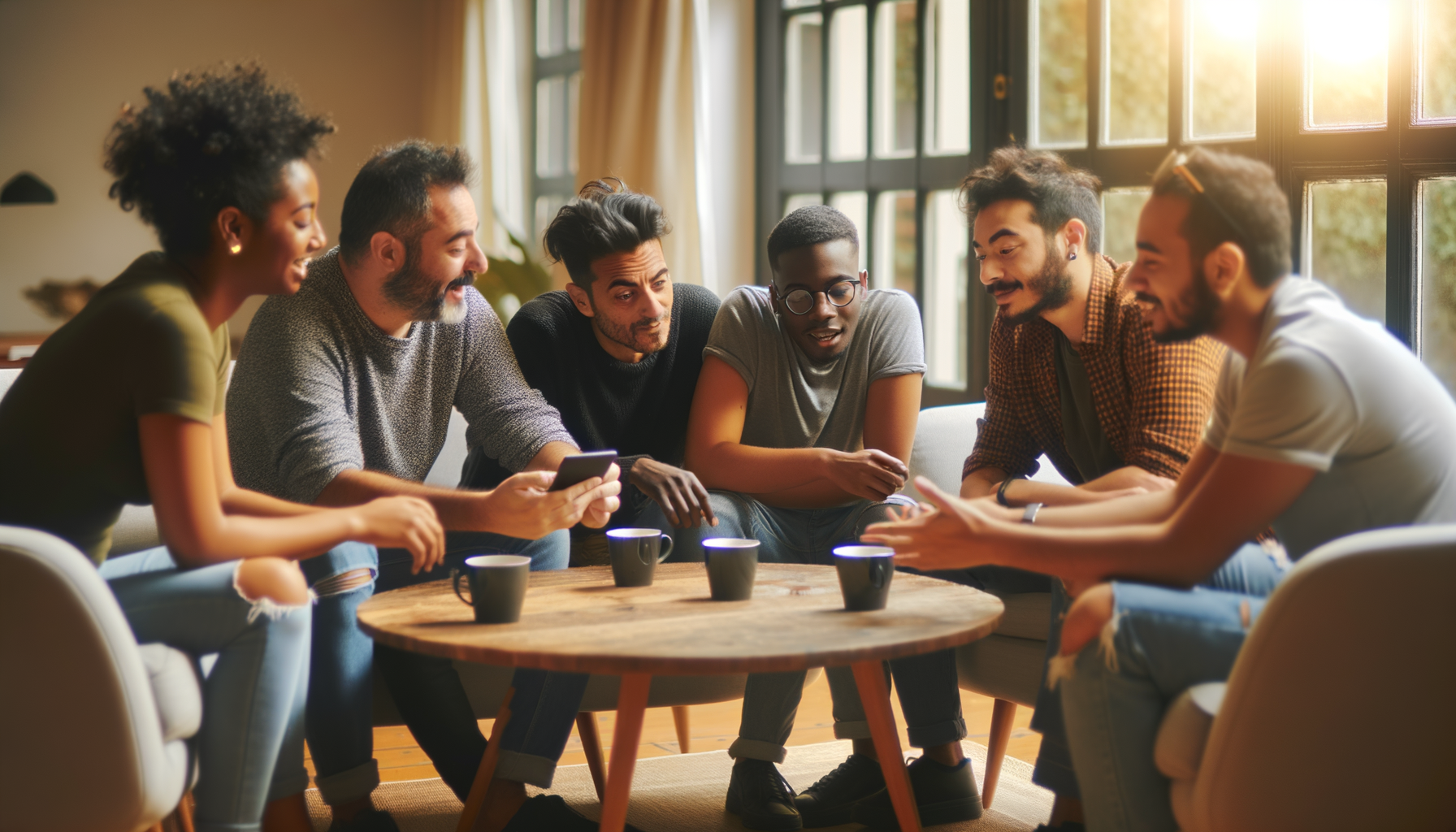 Friends sharing recommendations around coffee table in bright living room