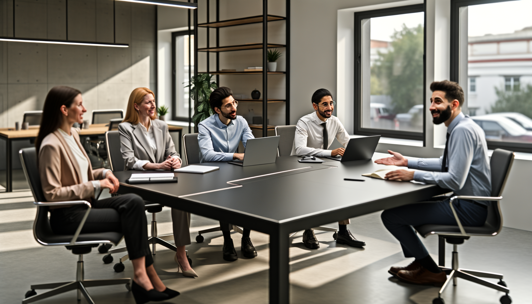 Diverse team of professionals collaborating in a modern office conference room with natural lighting