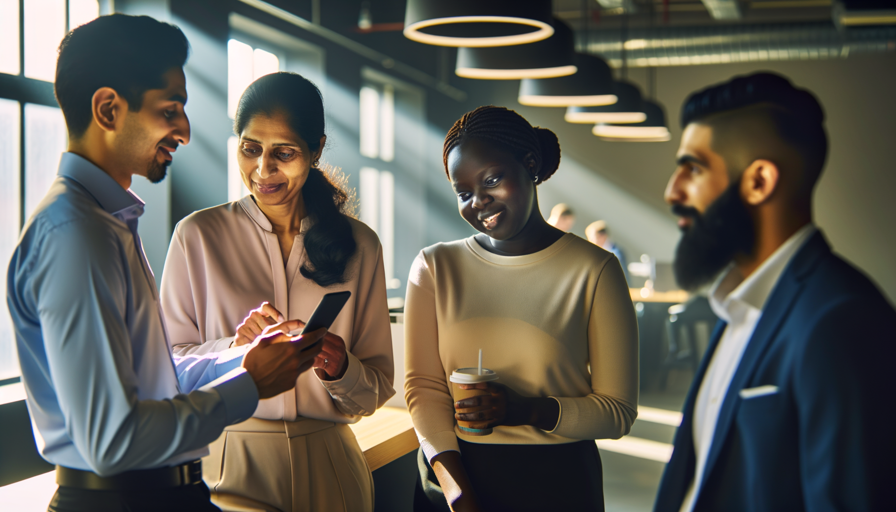 Diverse group of employees sharing information in a modern office setting