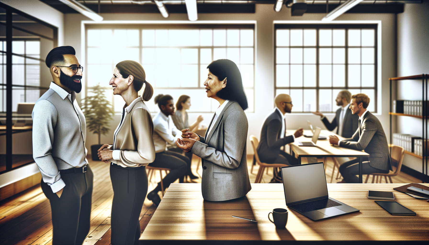 Diverse professionals networking in a modern office environment with natural lighting