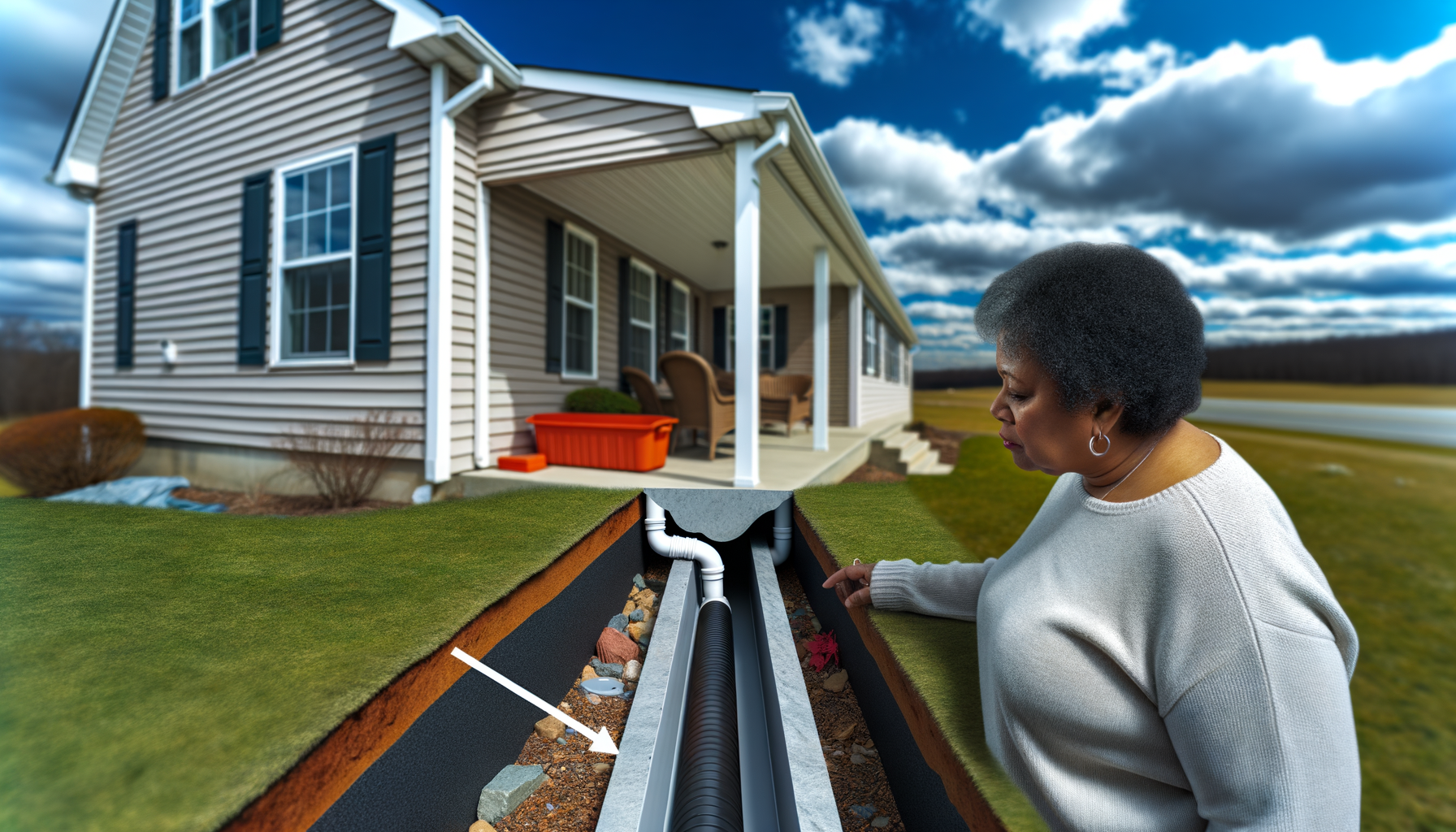 Homeowner inspecting exterior drainage system around house foundation with proper grading and gutters