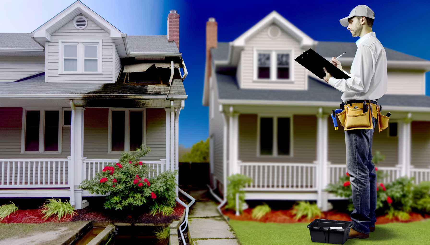 Professional contractor inspecting well-maintained home exterior with clean gutters and fresh paint