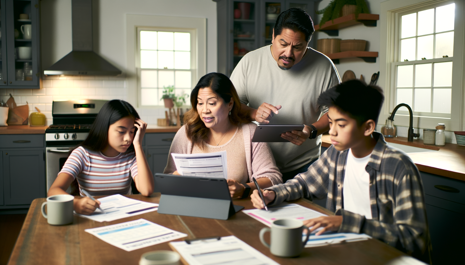 Multi-generational family collaborating on medical care coordination at kitchen table with documents and technology
