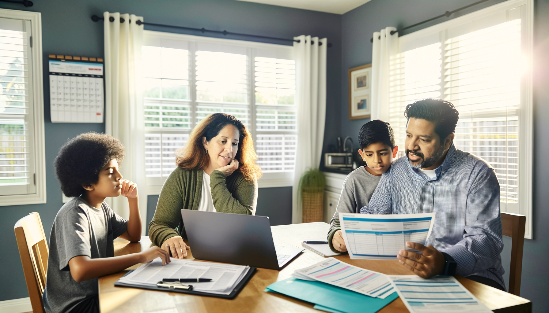 Family organizing healthcare appointments and medical records together at kitchen table