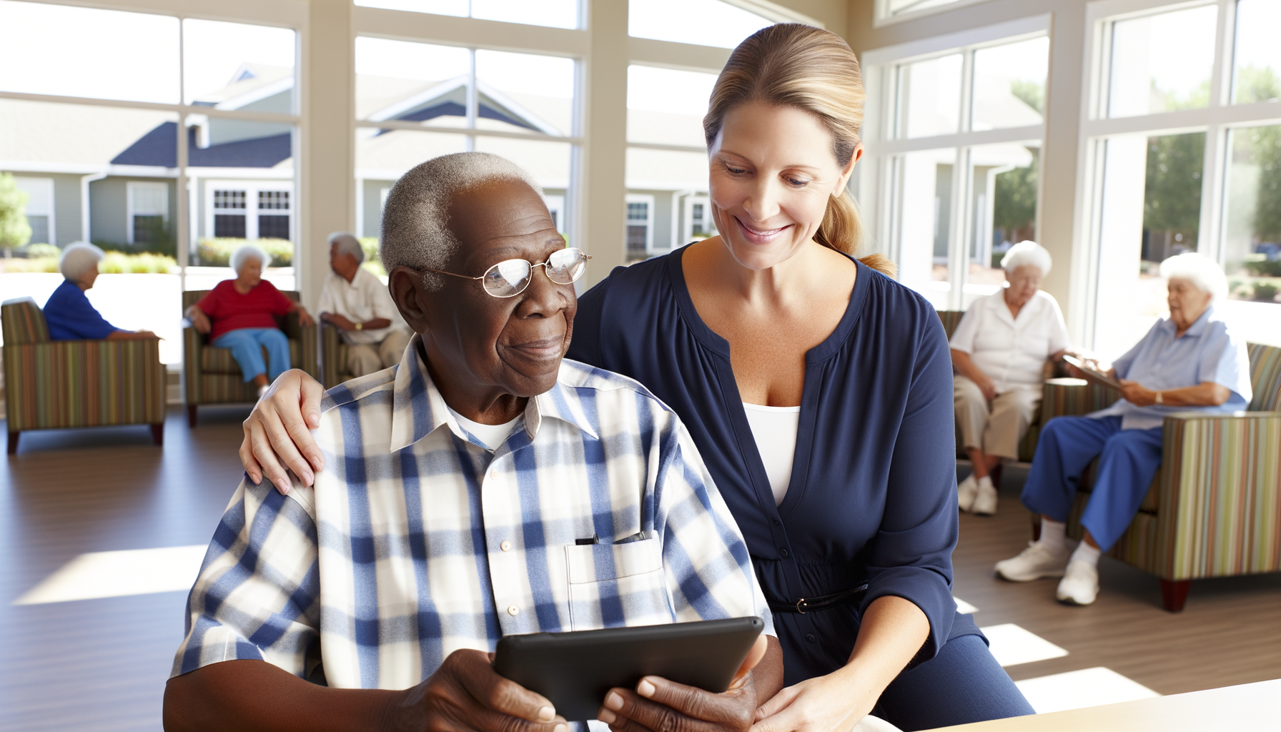 Adult daughter visiting elderly father in assisted living facility, monitoring his care and wellbeing