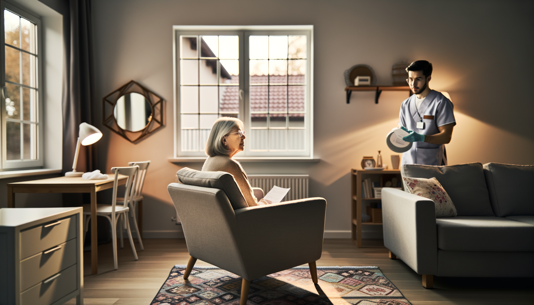 Multi-generational family preparing home environment for elder care with professional caregiver