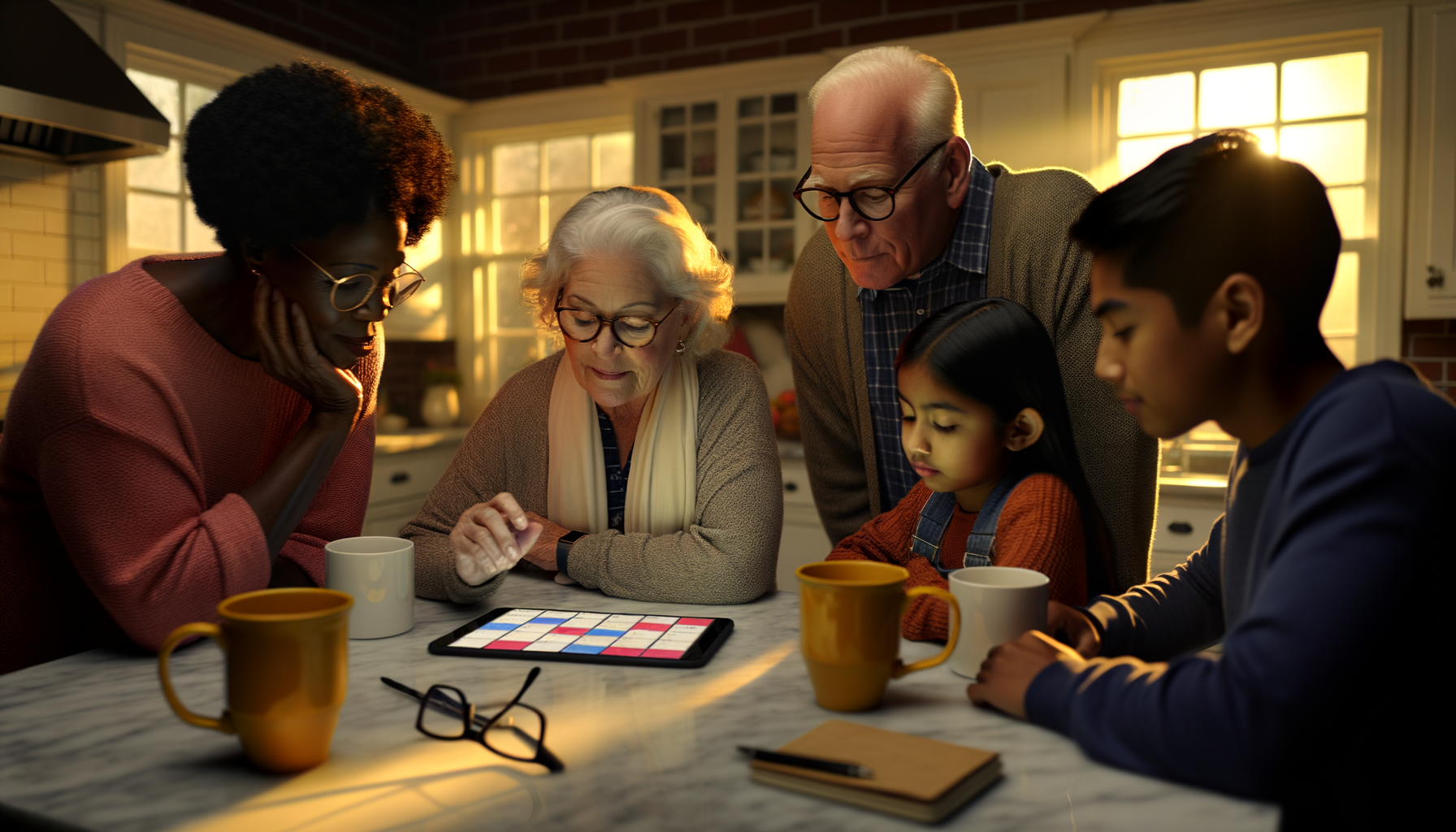 Multi-generation family reviewing care schedule on tablet in bright kitchen