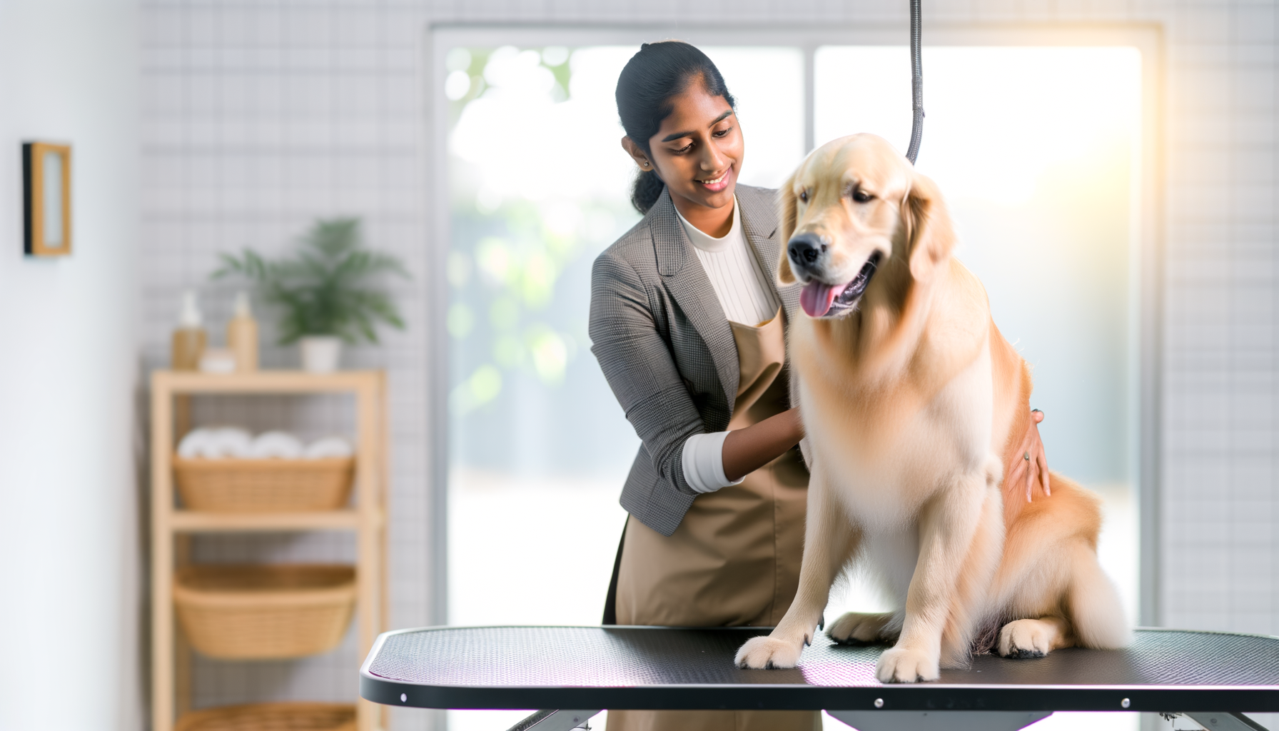 Happy golden retriever being gently brushed by professional groomer in bright, clean salon