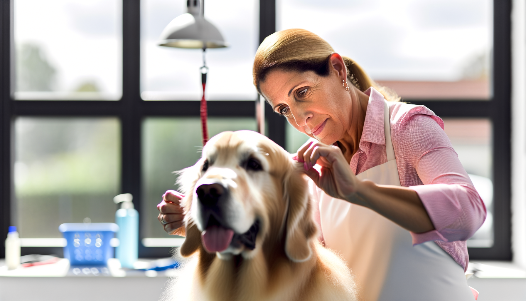 Professional pet groomer examining dog's ears during health check