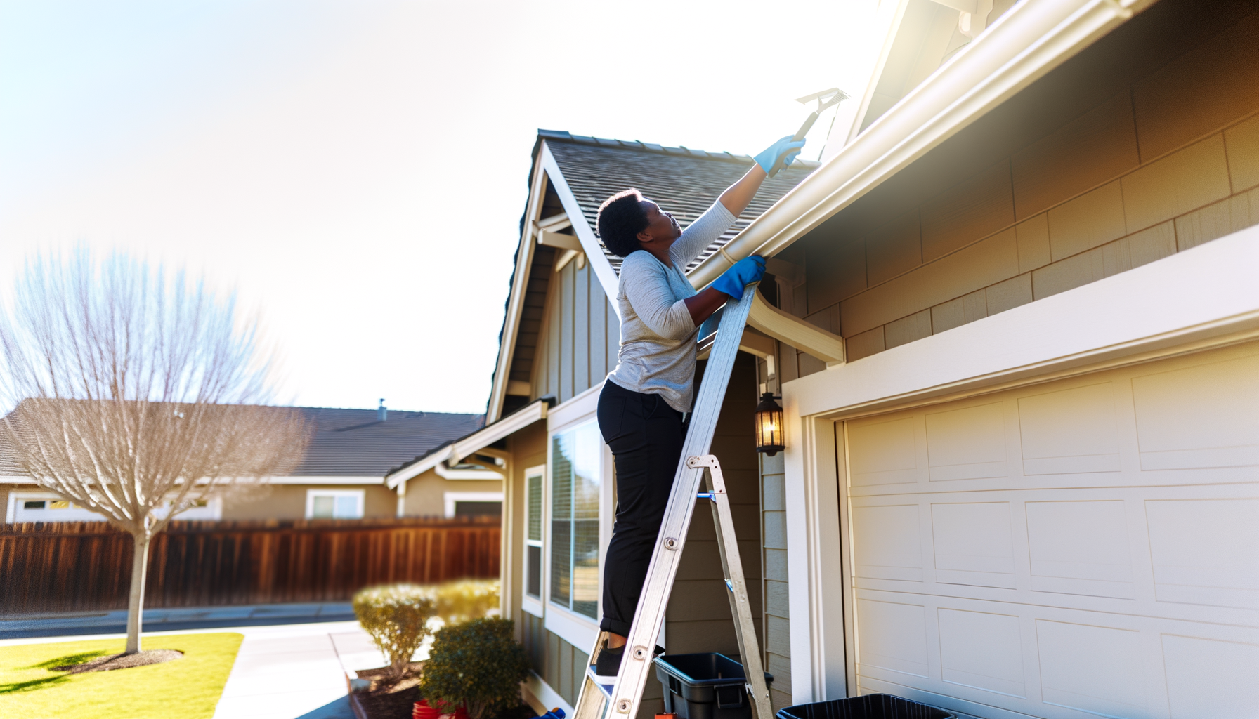Homeowner performing routine gutter maintenance on well-maintained house