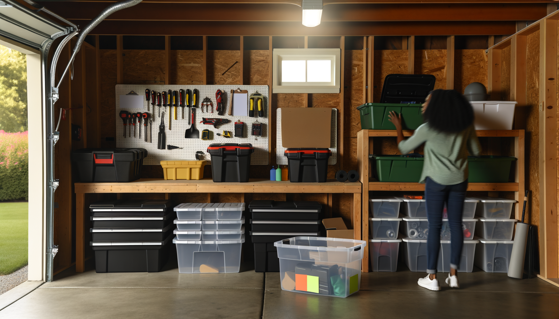 Organized garage workshop with labeled tools and supplies for efficient home maintenance