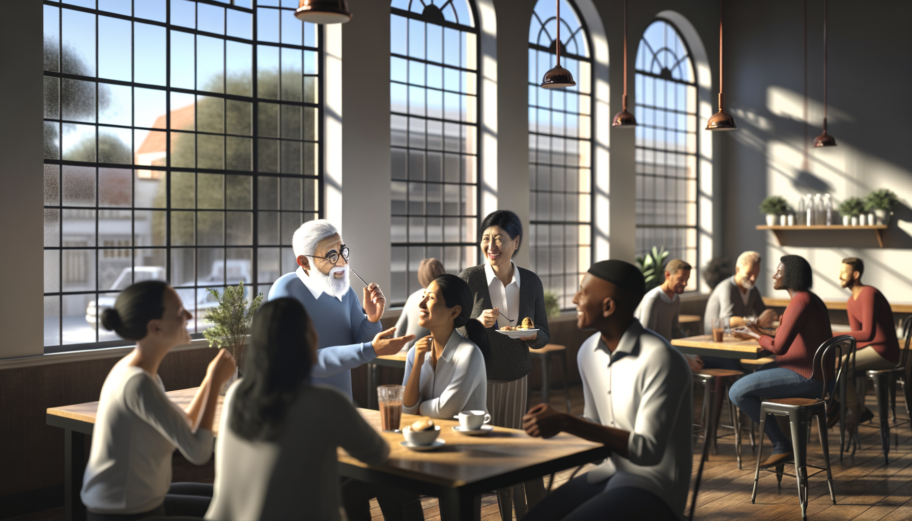 Diverse professionals having conversations in a bright coffee shop, illustrating natural network connections