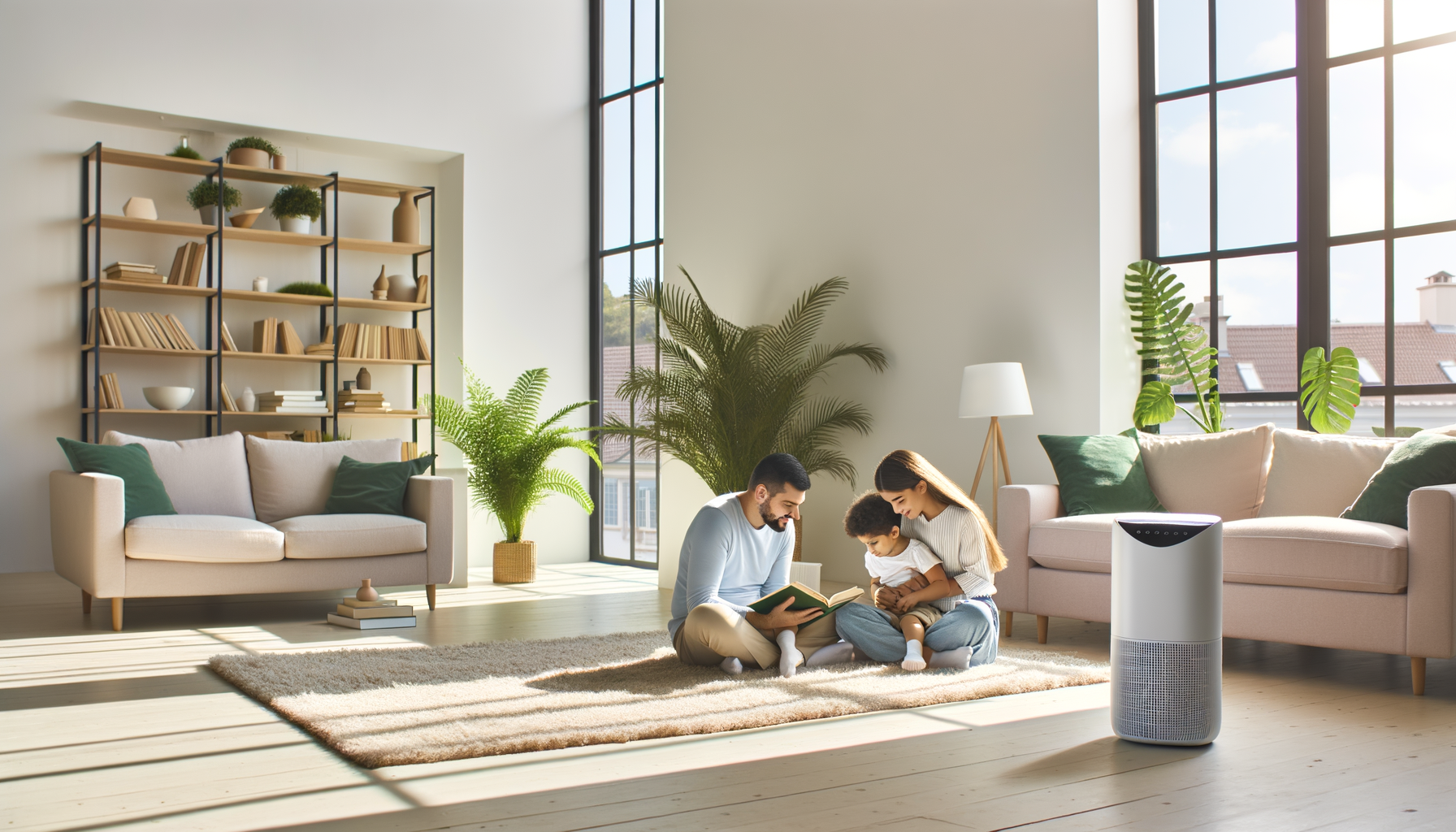 Family relaxing in bright, well-ventilated living room with plants and natural light