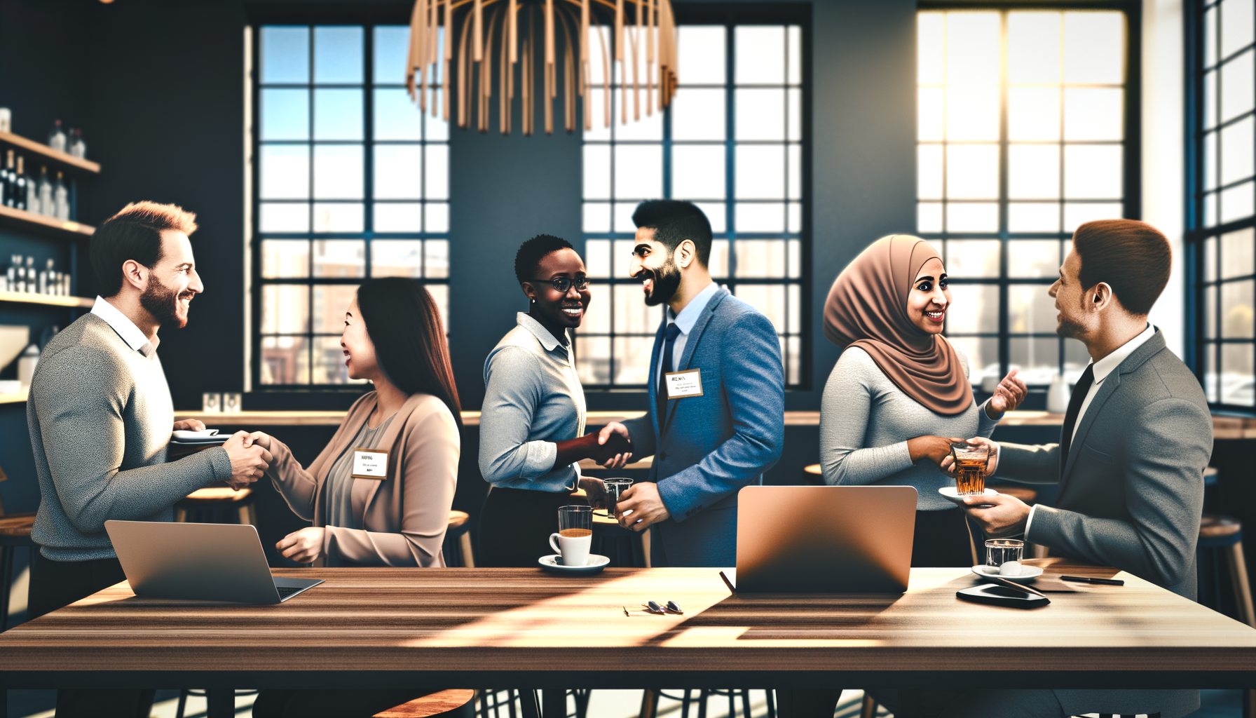 Small business owners networking and making introductions in a casual coffee shop setting