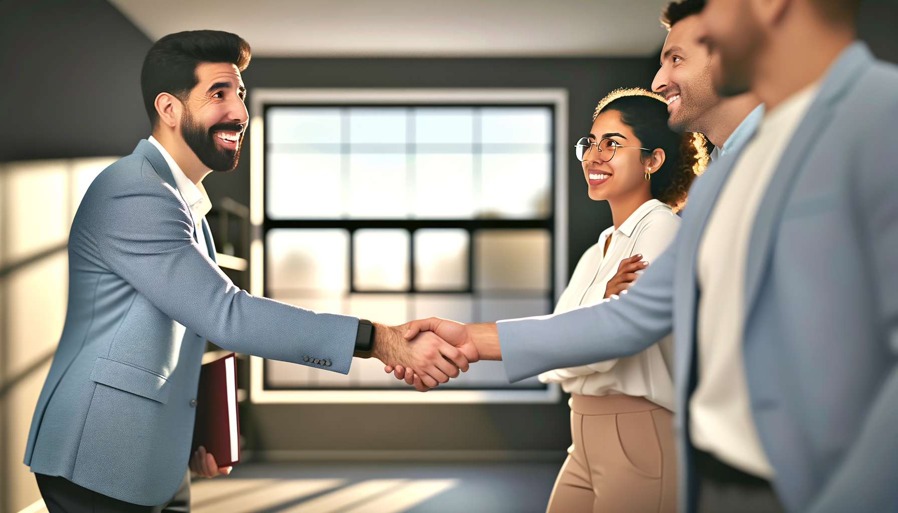 Business professional introducing new customer to service provider with handshake